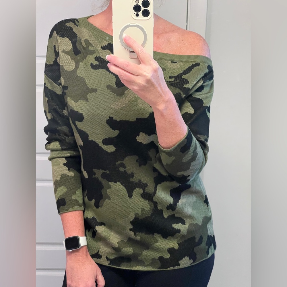 Cato Green and Black Camo Long Sleeve Off The Shoulder Sweater